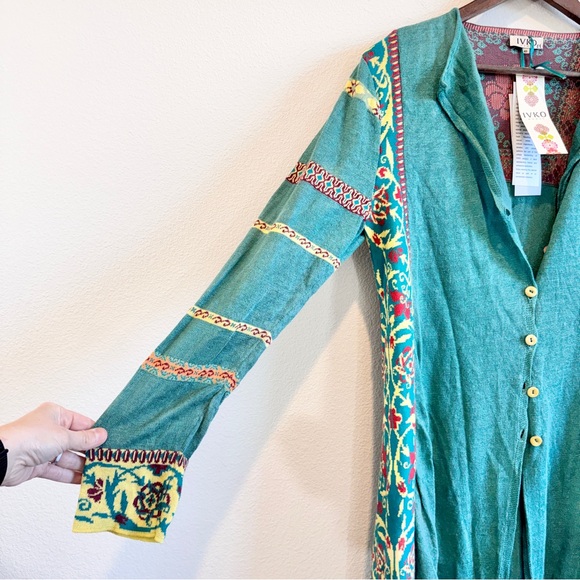 IVKO Boho Resort Embroidered Linen Long Jacket Duster Women’s Medium Artsy NWT - Picture 3 of 12